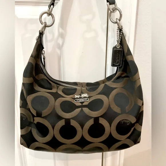 Coach Madison Op Art Satin Hailey Brown Shoulder Bag 14337 - Picture 1 of 7